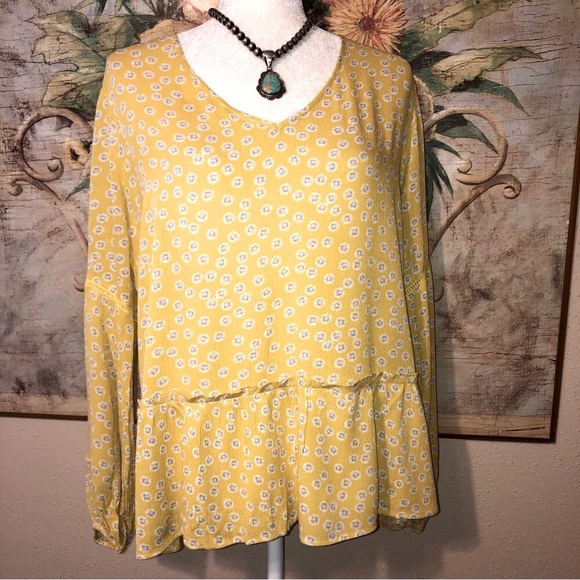 Sz M Anthropologie Pleione Yellow Daisy Boho Peasant Shirt - Picture 1 of 14